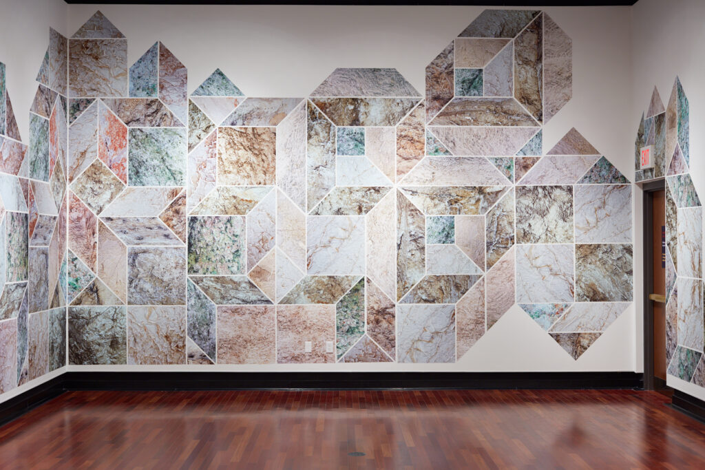 art mural consisting of geometric arabesques image of mountain ranges and framed color photographs