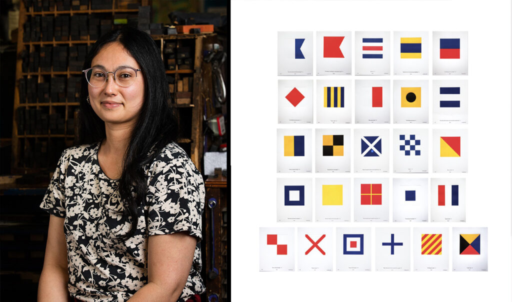 portrait photo of artist lois harada and series of letterpress prints based on marine flags