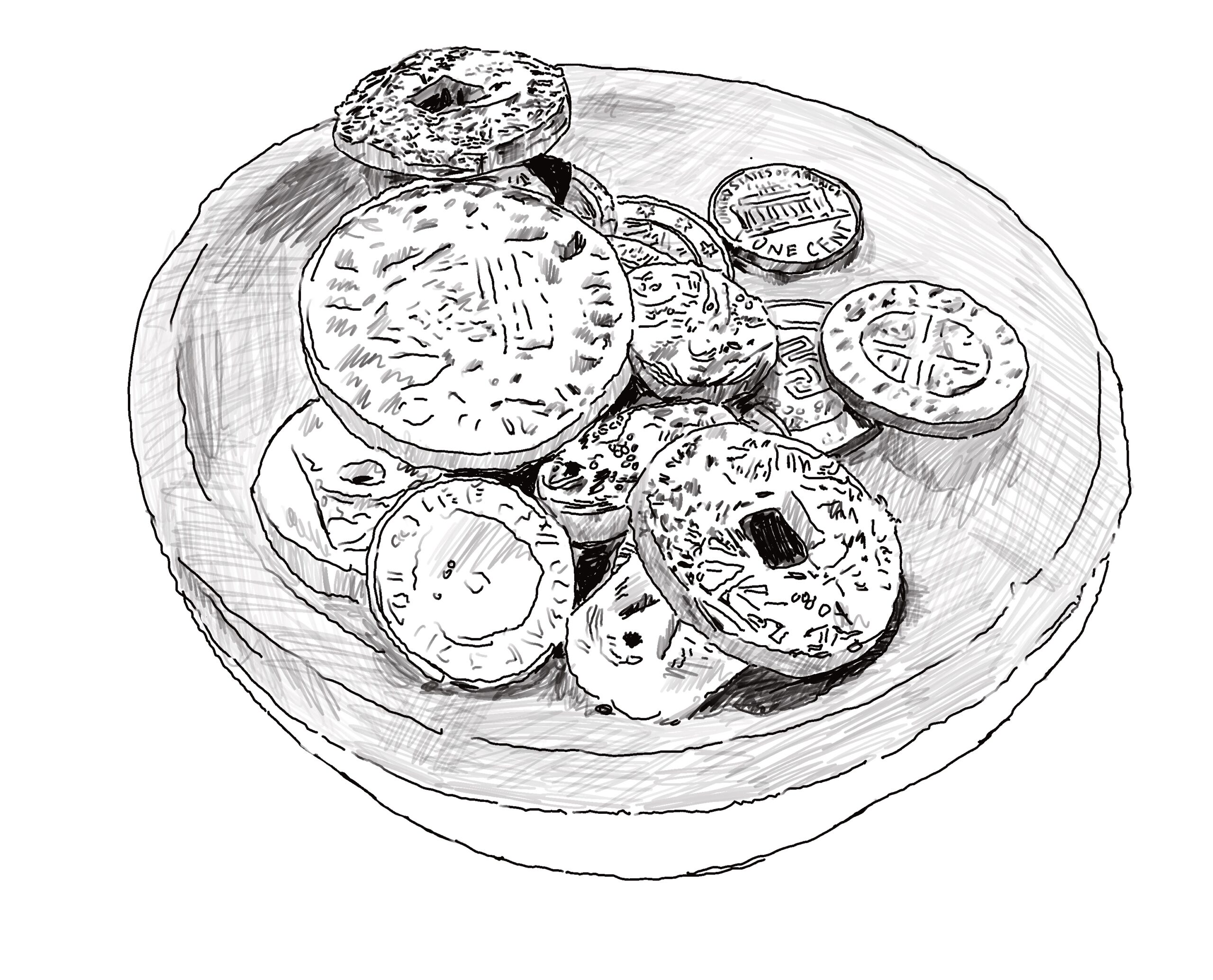 black and white drawing of coins in dish