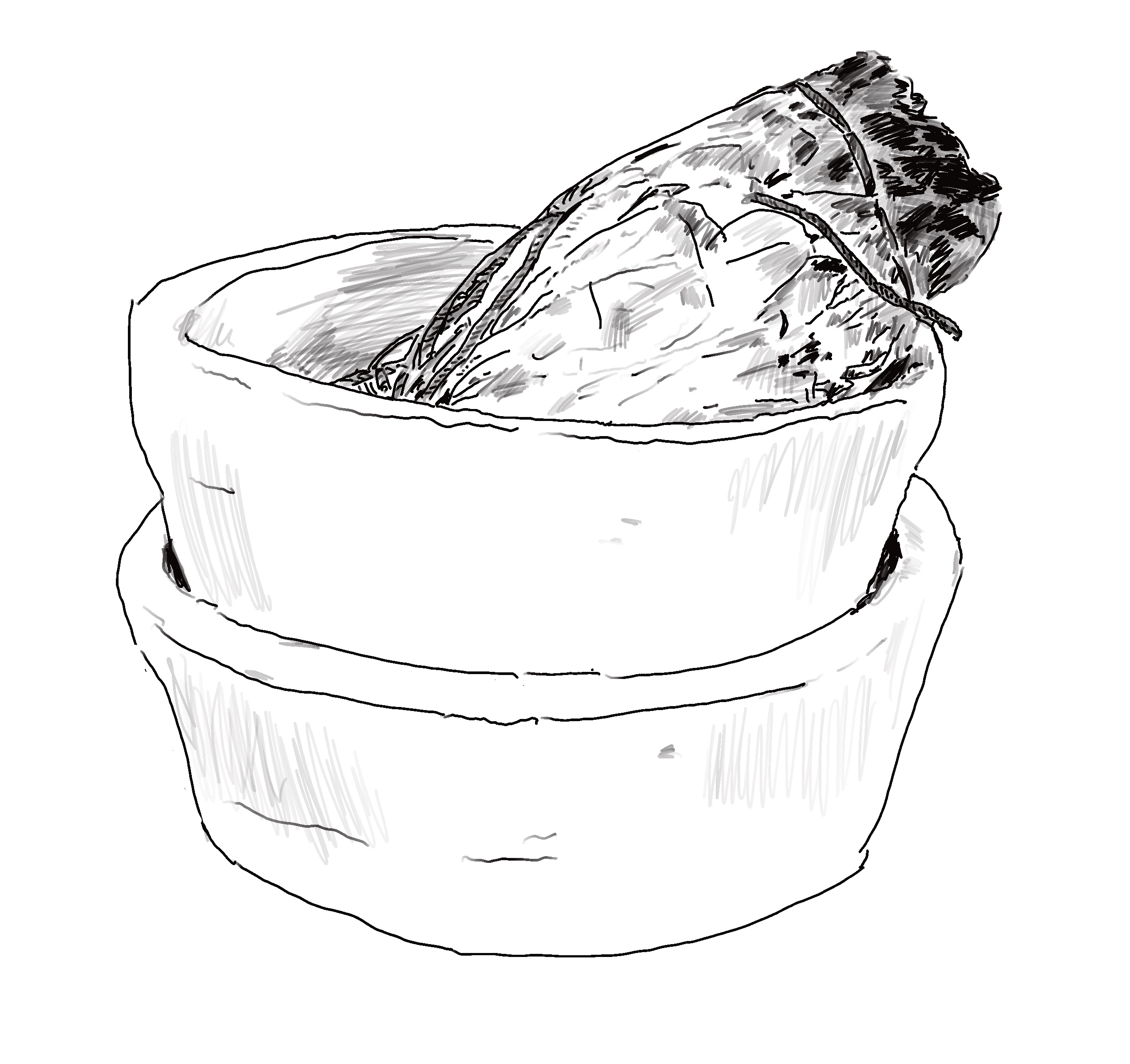 black and white drawing of smudge stick in bowl