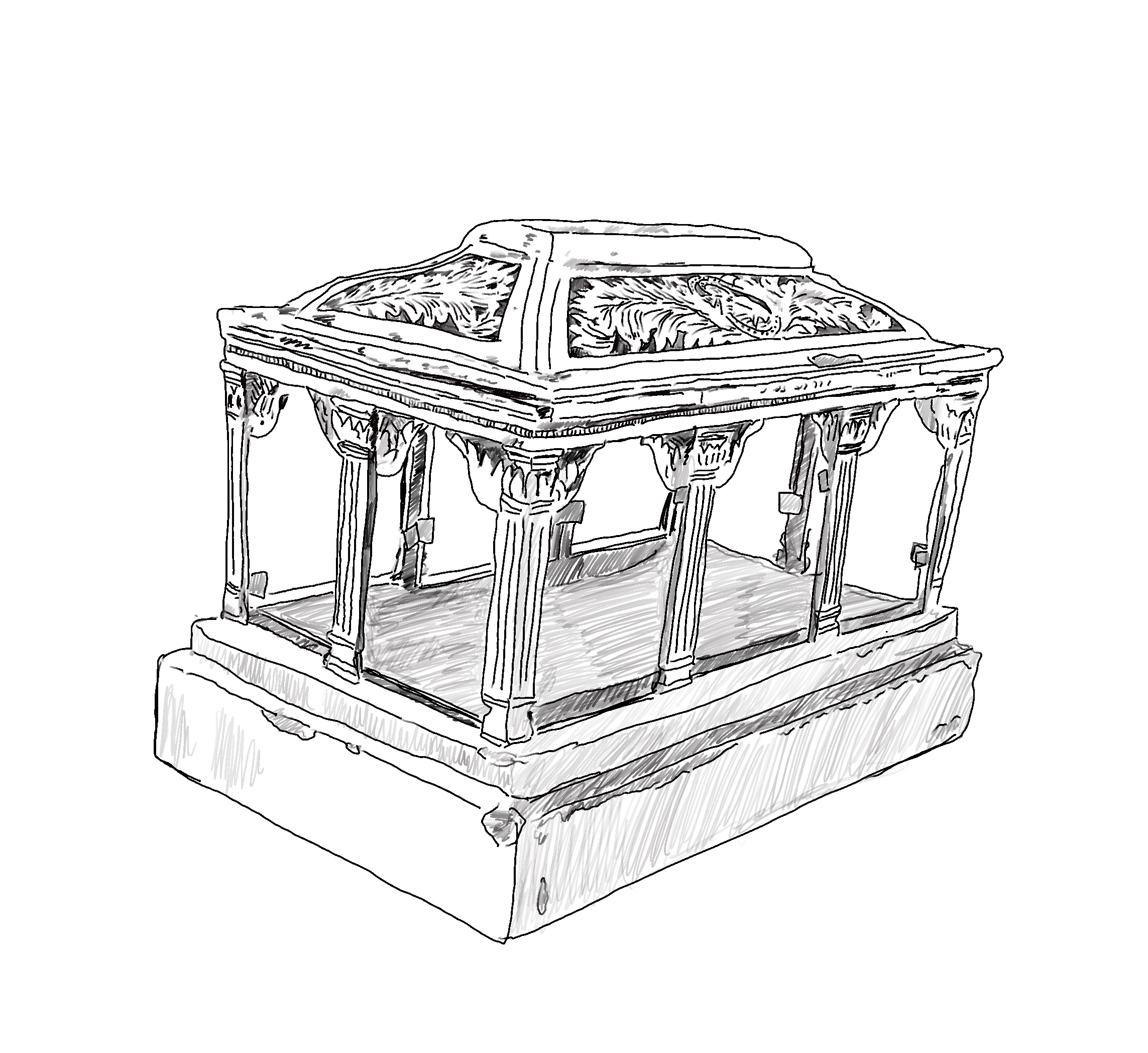 black and white drawing of ornate architectural vessel
