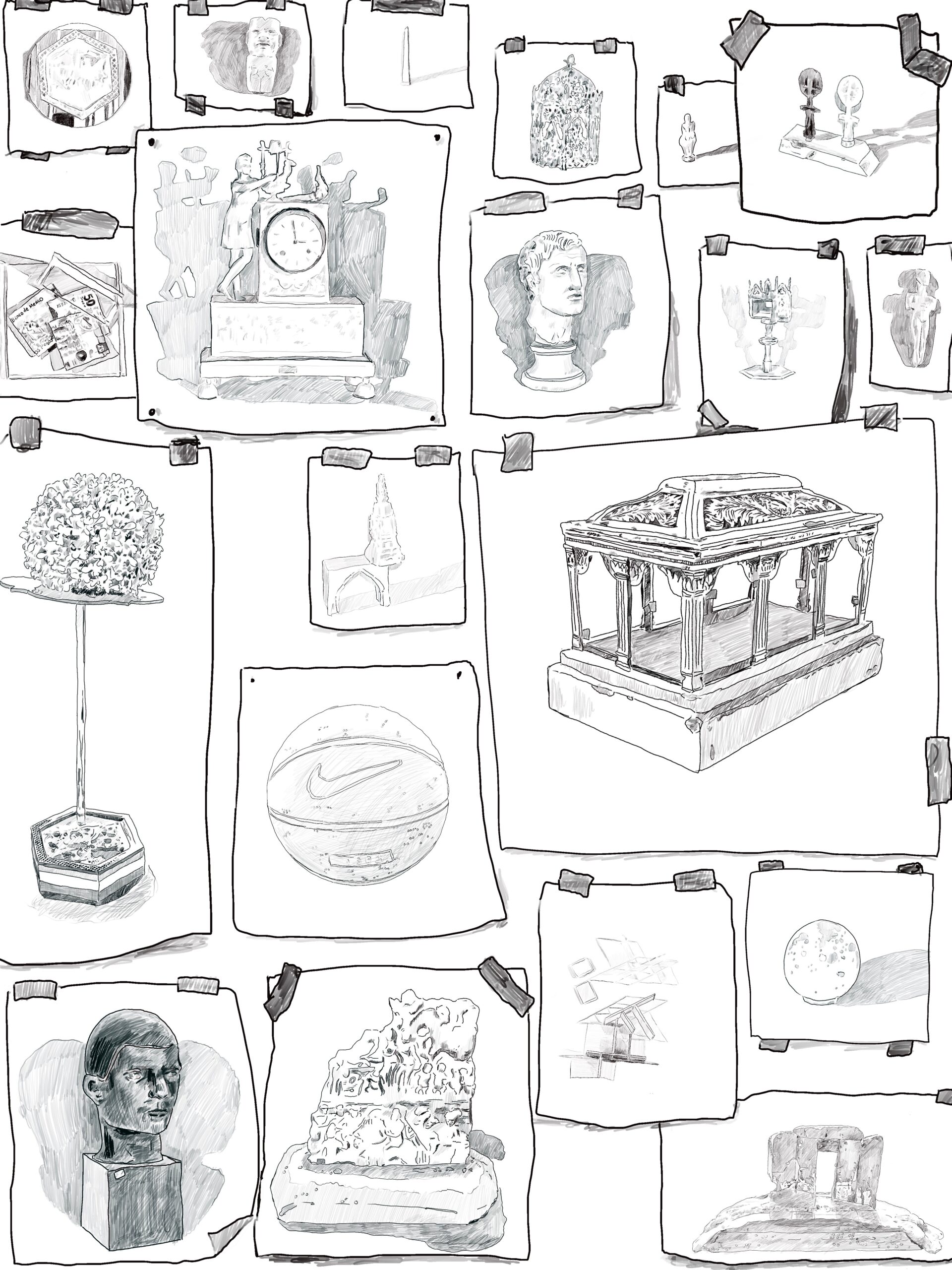 Black and white digital drawing of cultural objects made by artist Rob Andrade and objects in the PCG collection.