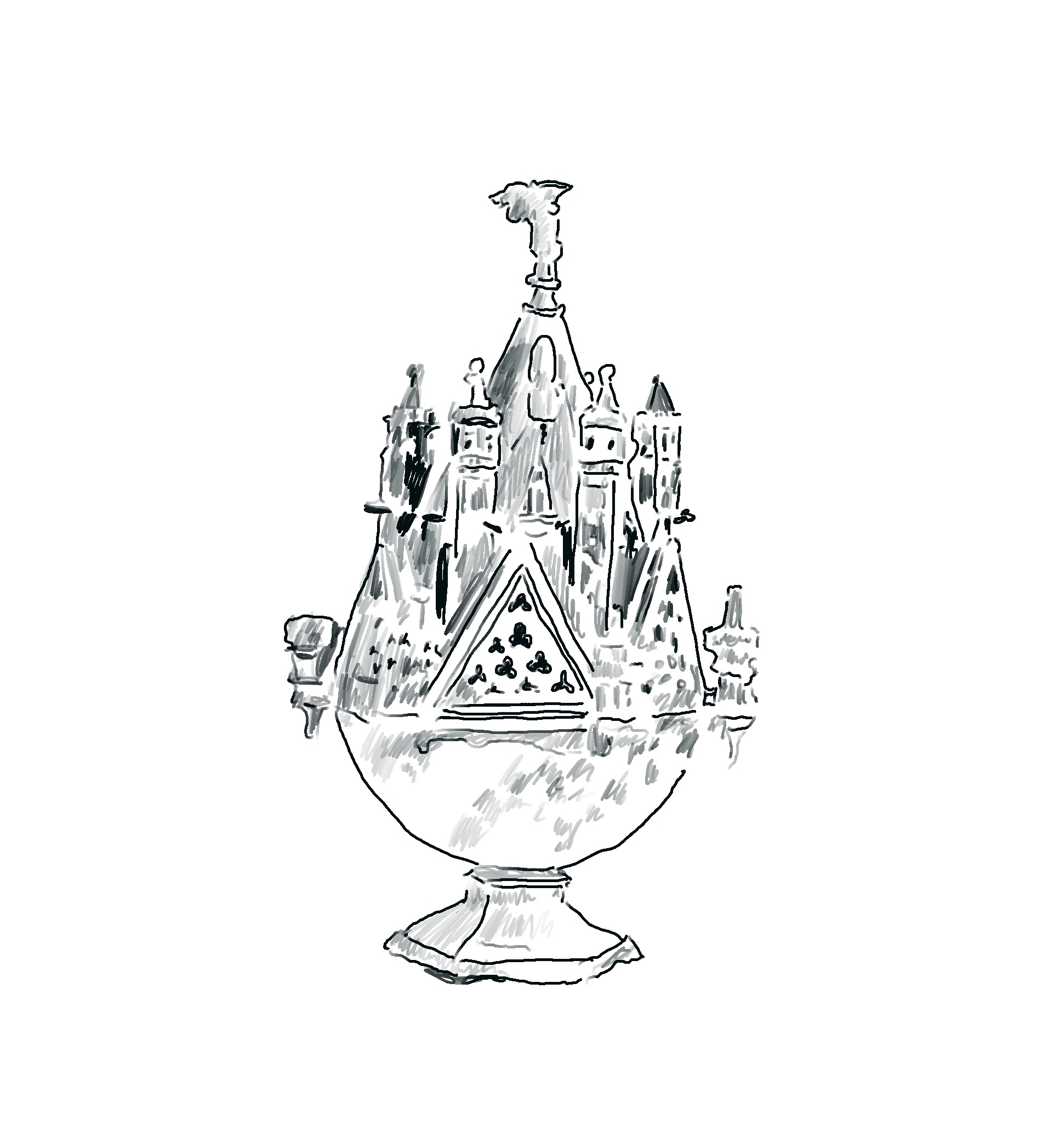 black and white drawing of ornate incense burner