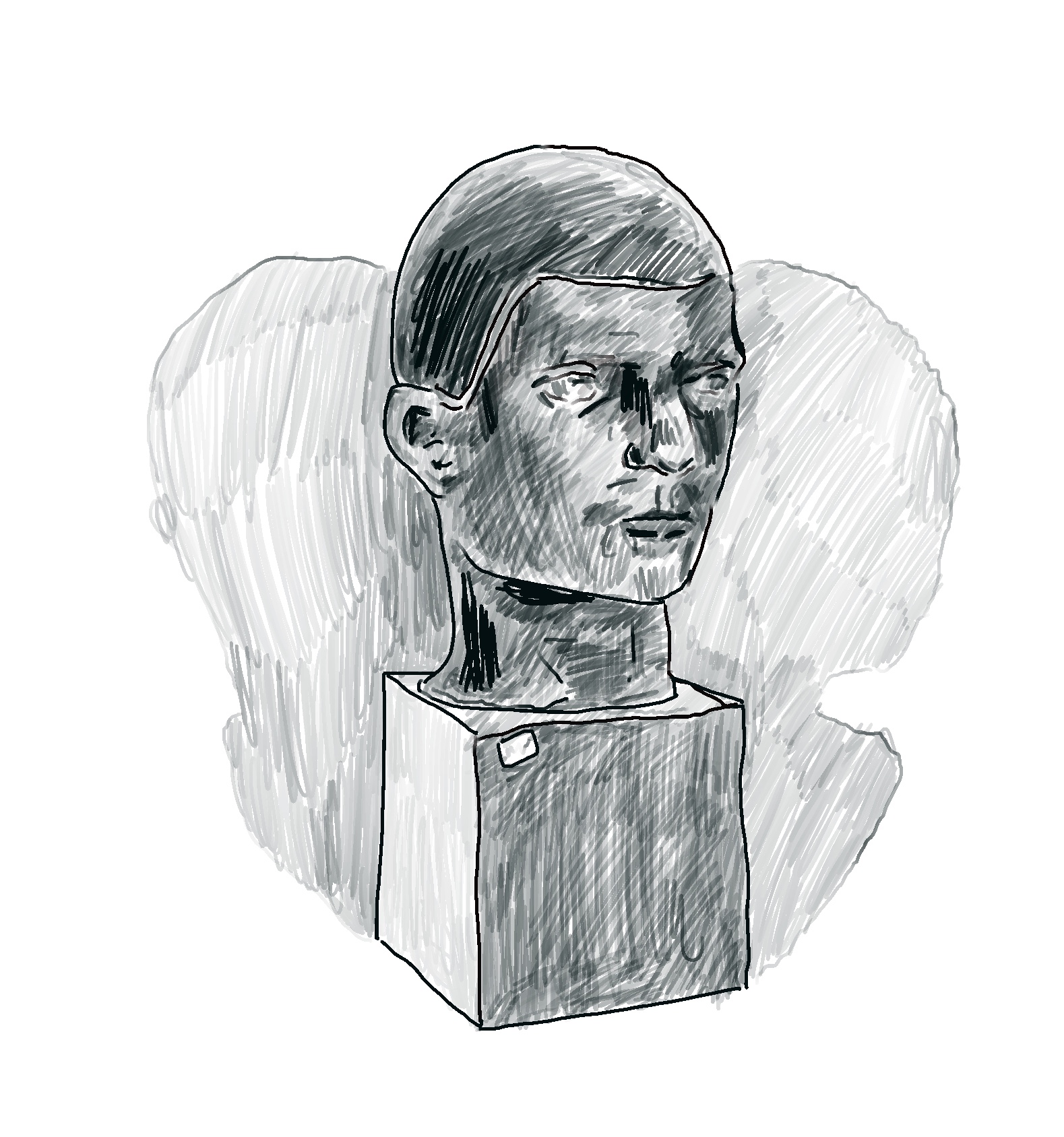 black and white drawing of male bust