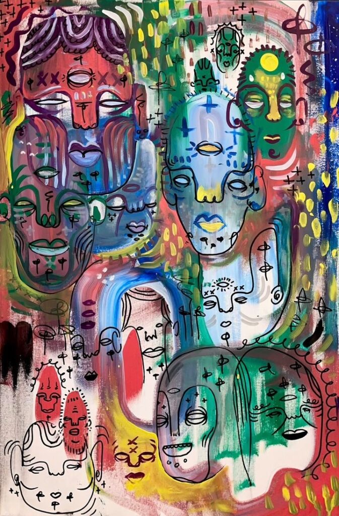 Colorful abstract gestural painting with 16 line drawn faces.
