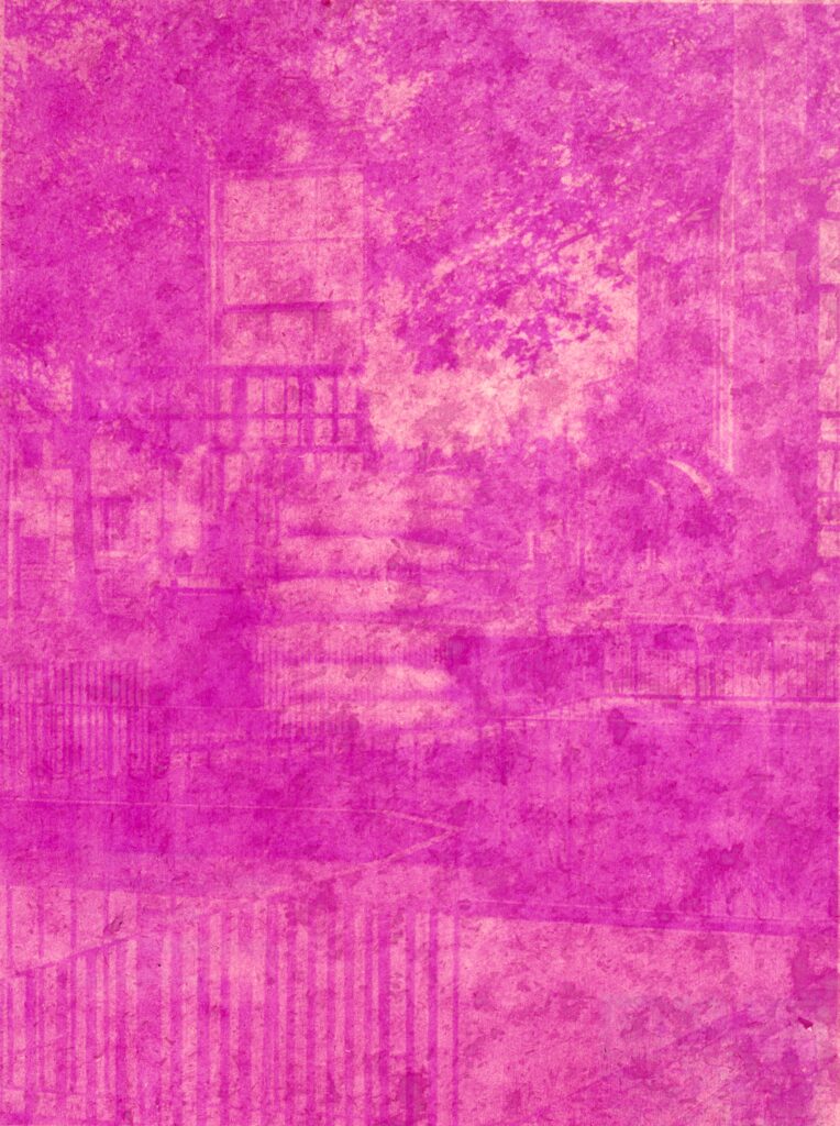 An image of a magenta processed handmade paper with a two imposed images depicting fencing, windows, trees and a pathway.