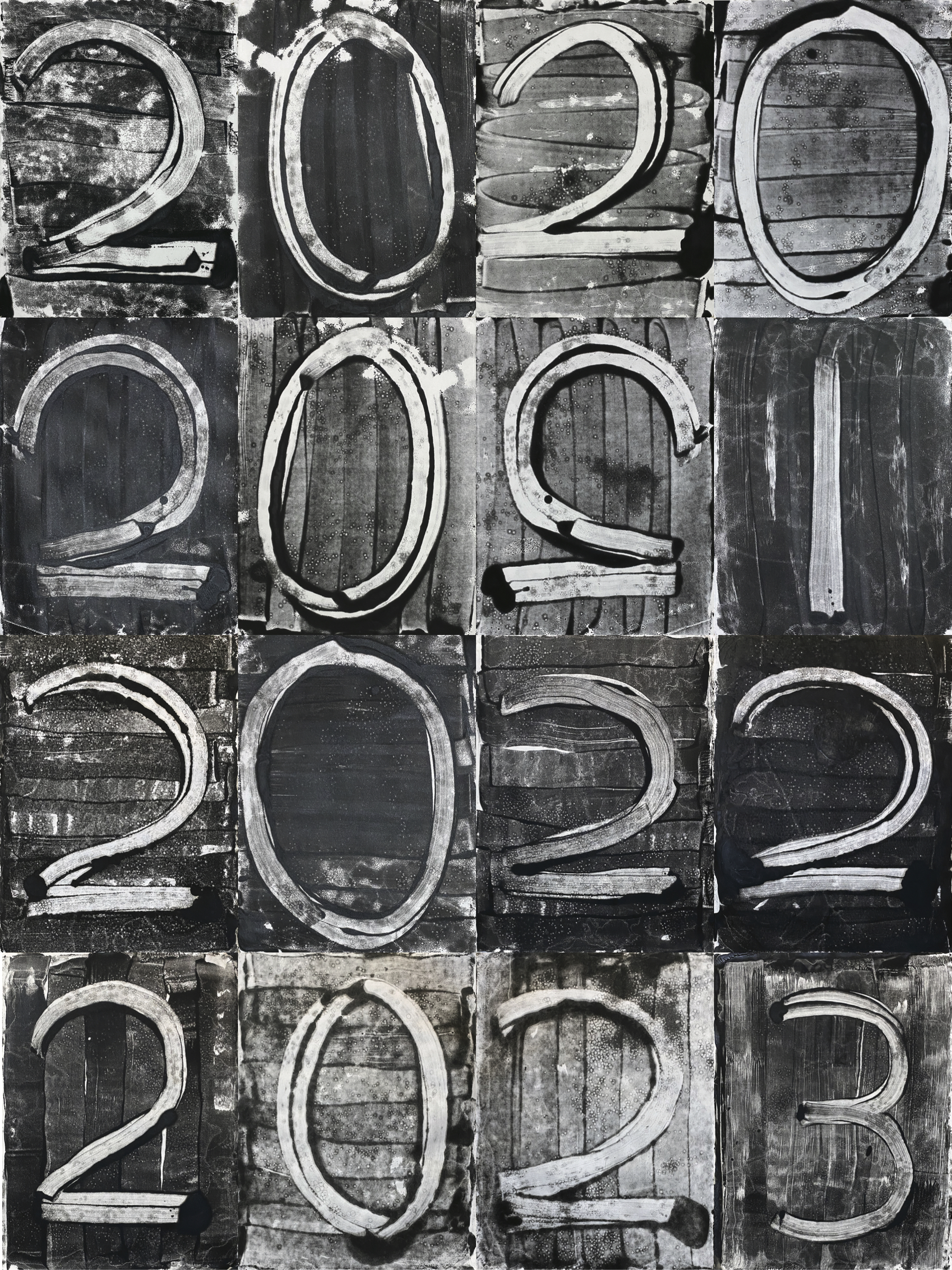 Black and white artwork on paper with gestural scrape marks reading 2020, 2021, 2022, 2023.