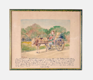 A framed artwork depicting a light-skinned figure sitting on a wooden cart pulled by a donkey. The cart carries a large container. Below is a handwritten caption in cursive.