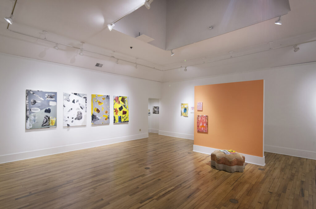 Art exhibition featuring four bright white, gray, and yellow abstract layered artworks on a white wall to your left. An orange wall holds two other artworks.