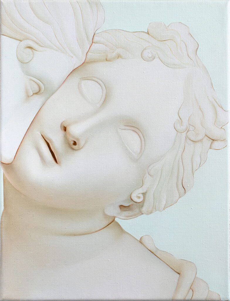 A work on canvas depicting the face of a Greco-Roman style figure, with the side of another Greco-Roman figure's face meeting with the cheek of the other figure. They are painted to resemble marble sculptures.