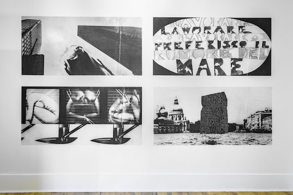 Gallery view of a white wall with four black and white prints arranged two by two, all decpiting different abstracted scenes of human bodies and architecture.