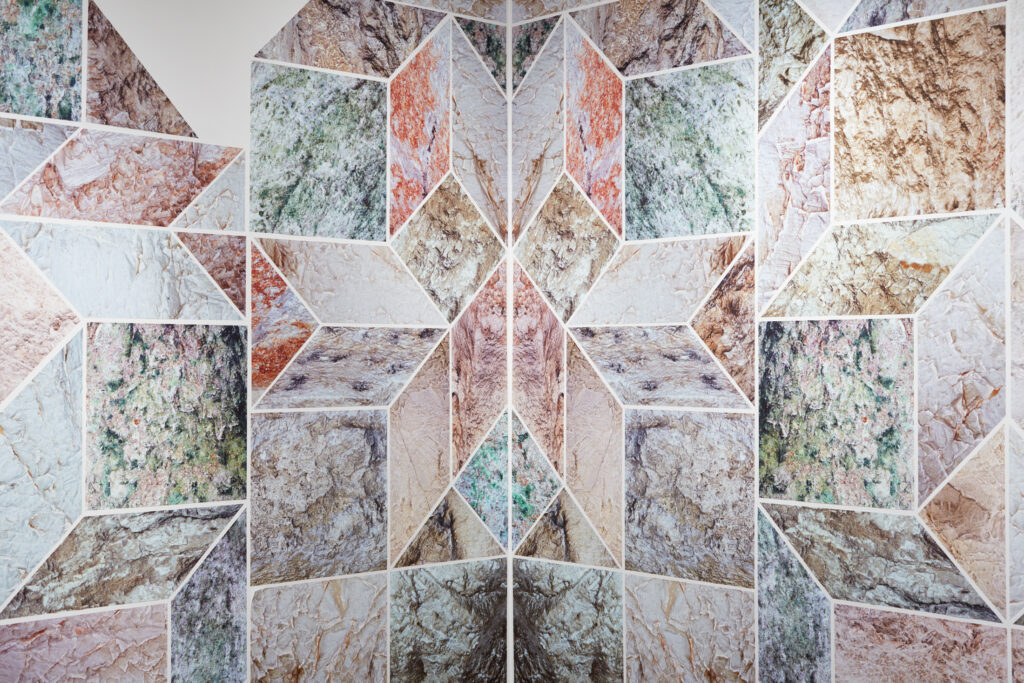 Design made of organic textured geometric shapes, including squares, parallelograms, and diamonds in green, orange, and beige.