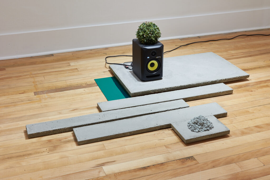 Multiple rectangular stone slabs lay on a wooden gallery floor. The closest slab holds a small pile of debris, while the furthest slab holds a sound speaker with a small bush on top of it.
