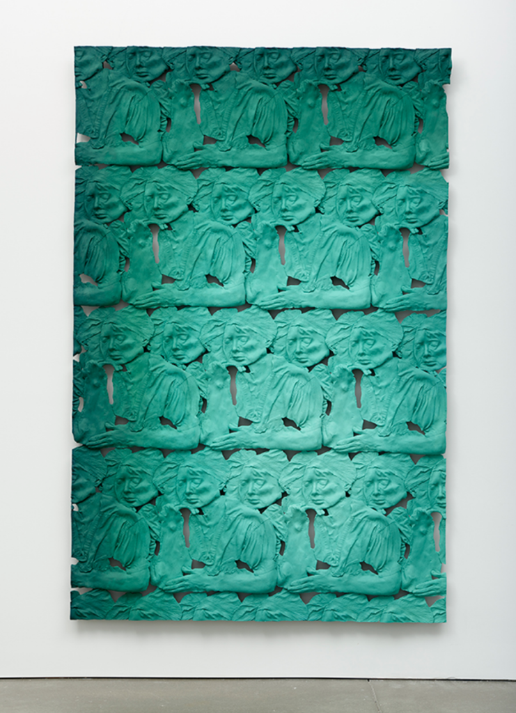 Green, grid-like arrangement of human figures, a lone woman's repeated face appearing exhausted as she looks at the ground.