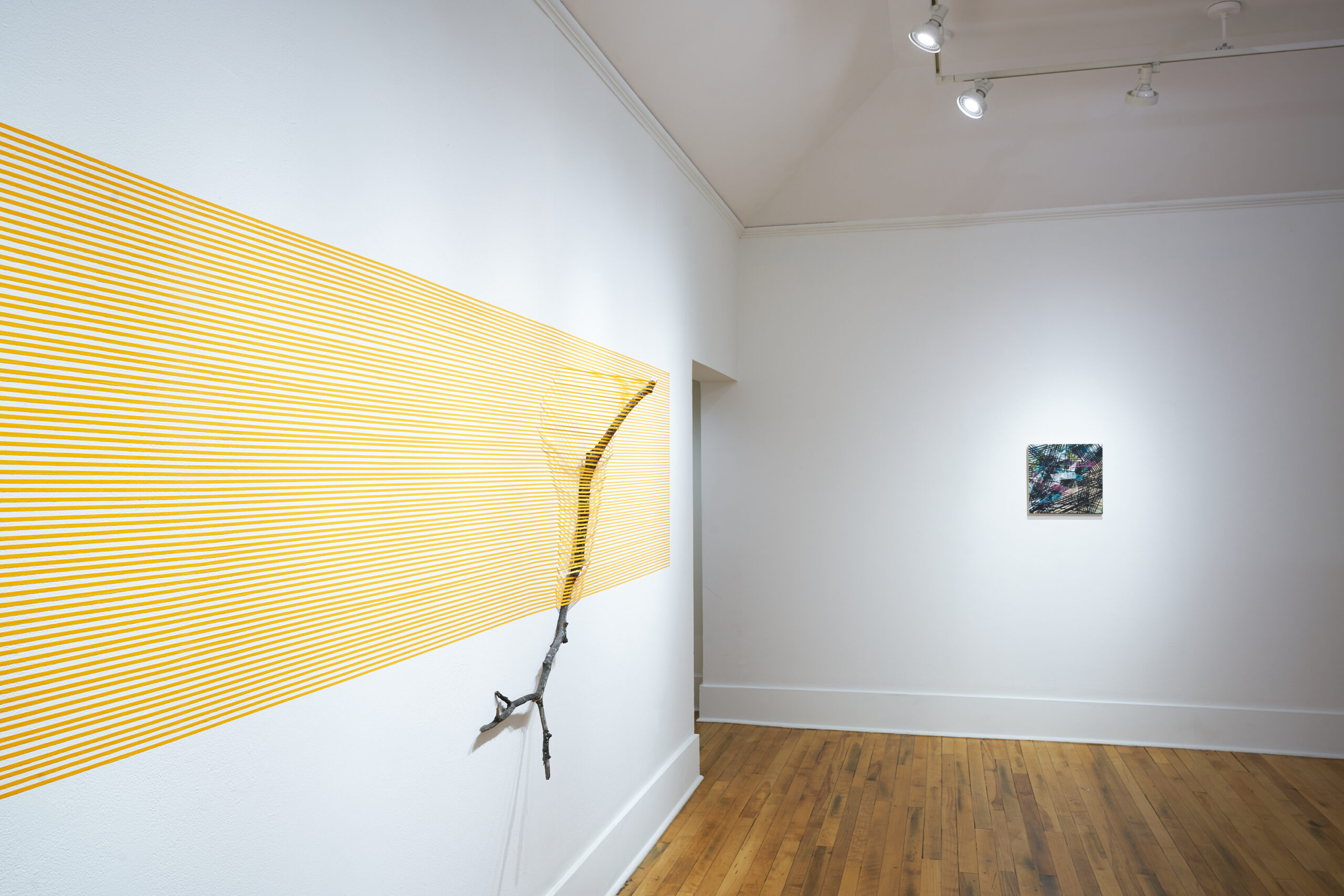Art exhibition featuring a bare tree branch attached to a white wall using thin horizontal yellow strips; the top is fully wrapped, bottom exposed.