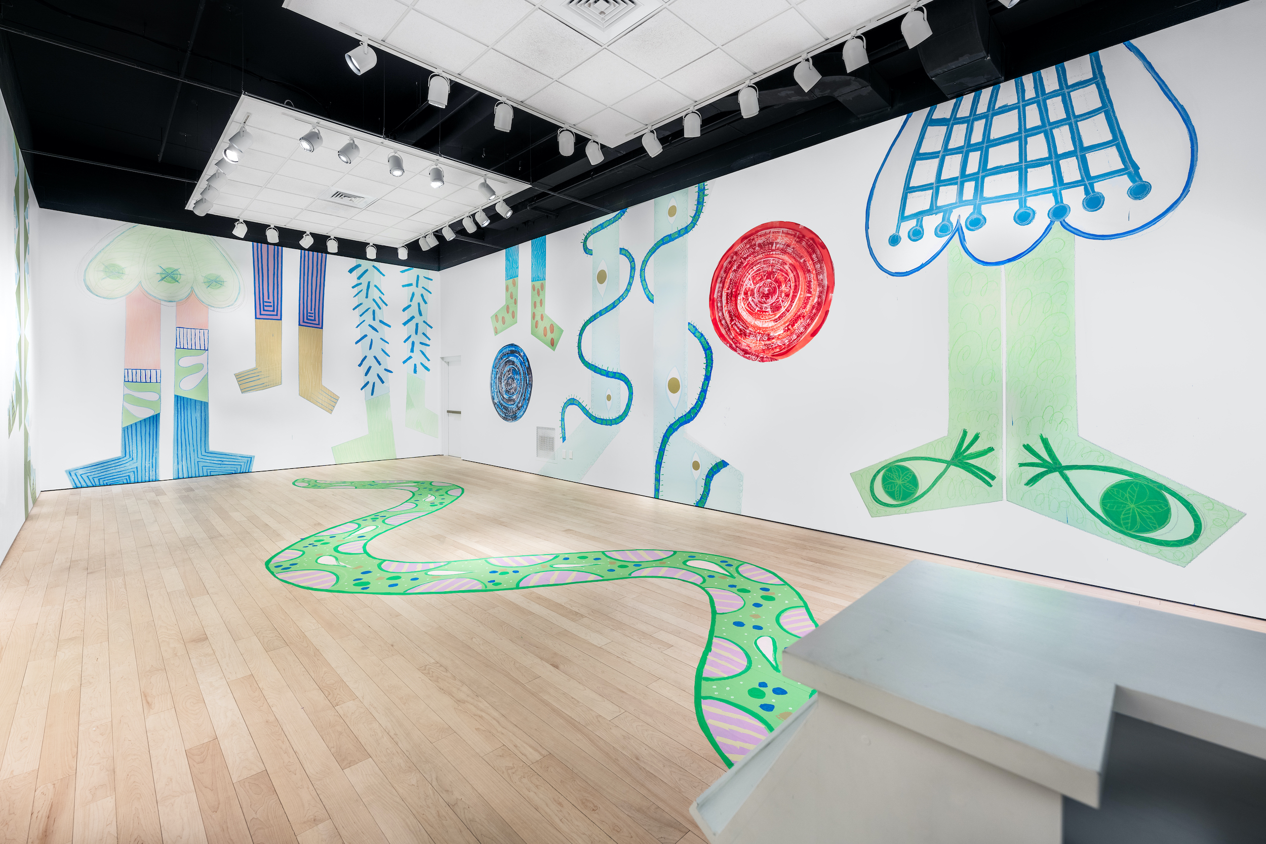 Installation view of walls painted with six pairs of geometric legs and two large circles, one blue and one red. A green curving path is painted on the floor.