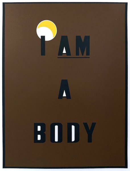 The words I AM A BODY appear in black on a medium brown background. Above the word I is a moon-like yellow and white circle. The word AM is underlined.