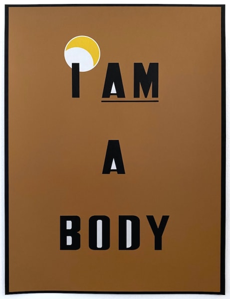 The words I AM A BODY appear in black on a chocolate brown background. Above the word I is a moon-like yellow and white circle. The word AM is underlined.