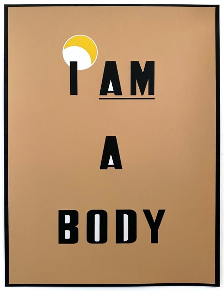 The words I AM A BODY appear in black on a tan background. Above the word I is a moon-like yellow and white circle. The word AM is underlined.