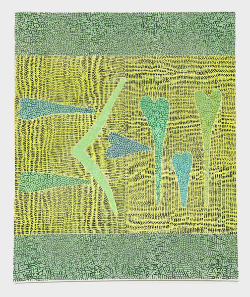 Calligraphic etchings in green and yellow surround long, thin heart shapes, some blue and some green. There are horizontal and vertical shapes arranged in a line across the painting.
