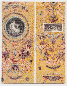 An artwork with a needlepoint-like design split in half, depicting light-skinned figures dancing. Floral decorative motifs are throughout, and a black circle contains a seated white figure on the left.