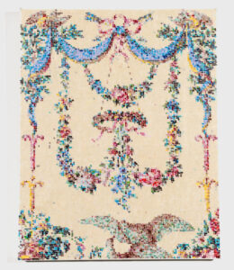 An artwork with a needlepoint-like design, depicting floral garlands draped artistically in the center. The border has a mix of floral and fabric drapery, on a beige background.