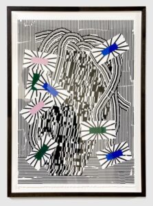 Straight lines lie in erratic shapes behind a composition of black rectangle forms. Large rectangles inlaid with blue, green, and pink rectangles are scattered throughout.