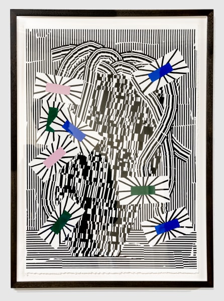 Straight lines lie in erratic shapes behind a composition of black rectangle forms. Large rectangles inlaid with blue, green, and pink rectangles are scattered throughout.