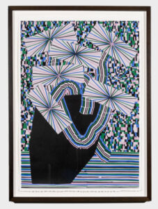 Abstract flowers created from bright striped rectangles in pink, green, and blue overlap a pixel-like background. Curved striped stems come out of a black vase.