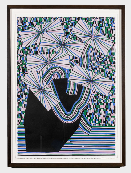 Abstract flowers created from bright striped rectangles in pink, green, and blue overlap a pixel-like background. Curved striped stems come out of a black vase.