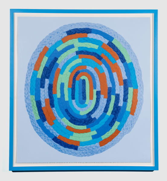 Oval-shaped composition with layered segments in blue, green, and orange, set against a pale blue background with soft, repeating ring patterns, resembling a fingerprint.