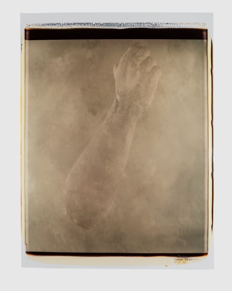 Moody sepia-toned photograph showing a right hand and forearm against a clouded background. The elbow is low and the hand points upwards. The body beyond the elbow is invisible.