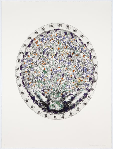 Print on white paper depicting a bouquet of purple daisies in a glass vase. The size and number of flowers in the vase are exaggerated to fill out an oval-shaped frame.