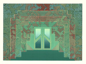 A maze-like wall of green, red, and beige lines surrounds a glowing double door in the center, with a light green floor below.