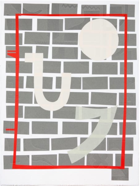 Abstract composition featuring irregular gray bricks forming a grid-like background. A red outlined square frames pale geometric shapes—a circle, curved form, and vertical stroke.