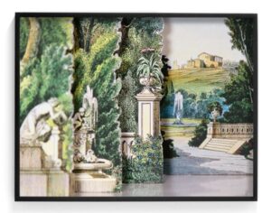 Three overlapping elements show statues and architecture within a garden. Receding into space is a path leading to a stairway, fountain, and house-like structure on top of a hill.