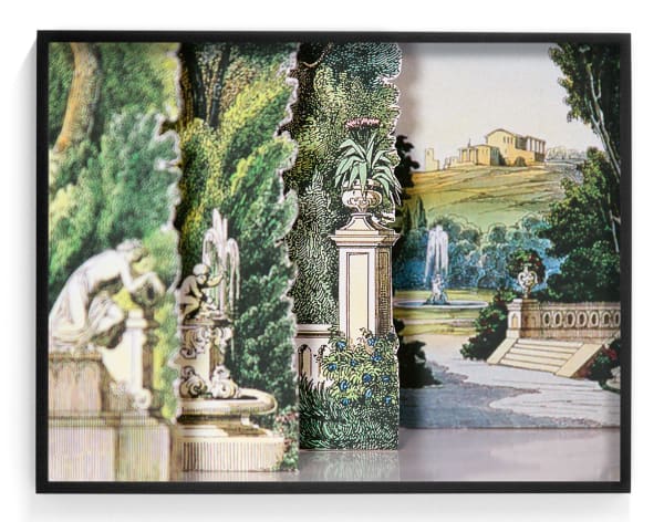 Three overlapping elements show statues and architecture within a garden. Receding into space is a path leading to a stairway, fountain, and house-like structure on top of a hill.