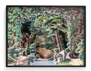 A path winds into a forest filled with green trees. Certain trees and landscape elements overlap others as cut-outs, with the trees in front slightly blurry.