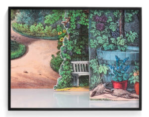 Three cut-outs overlap one another. The first shows potted plants, the second a bench surrounded by foliage, and the third a path winding through a garden.