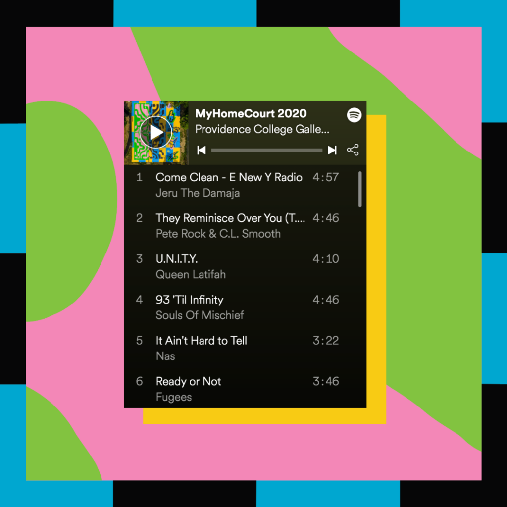 A multicolor and multipatterned poster with a hip-hop Spotify playlist captured in the middle. The playlist is called My HomeCourt 2020.