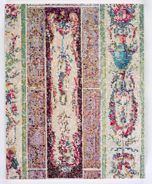 An artwork with a needlepoint-like design with vertical stripes - two patterned with flower garlands and pottery, two pixelated pink, and the center more garlands with a dark border.