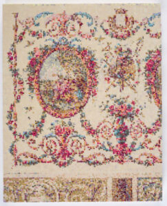 An artwork with a needlepoint-like deisgn depicting curving floral garlands. They meet to create a circle with a landscape scene in the center. The flowers are mainly pink and blue.