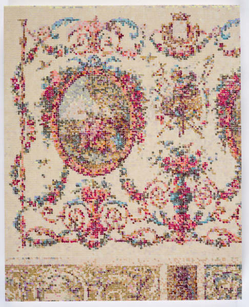 An artwork with a needlepoint-like deisgn depicting curving floral garlands. They meet to create a circle with a landscape scene in the center. The flowers are mainly pink and blue.