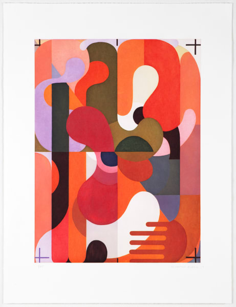 Abstract composition of overlapping organic and geometric shapes in red, orange, purple, green, and white with soft edges and registration marks create a layered, vibrant visual rhythm.