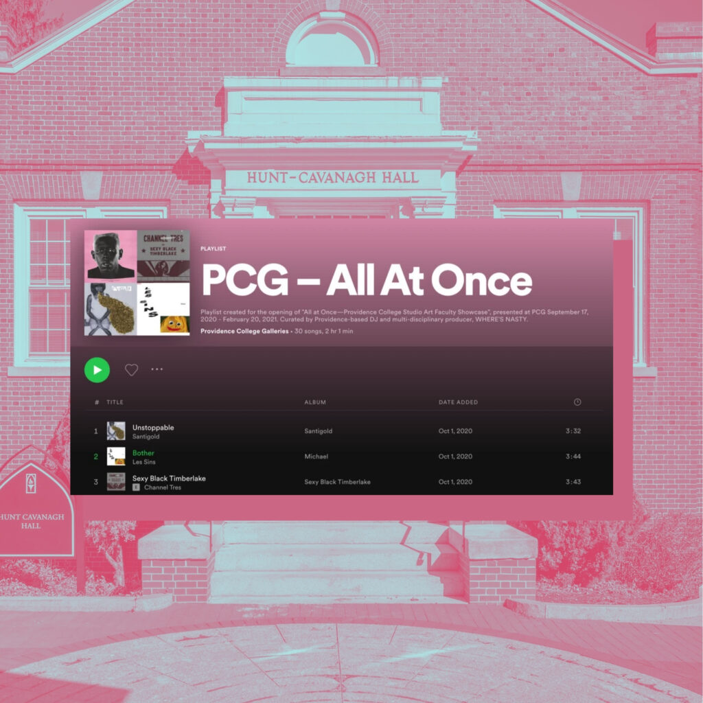 A screenshot of a music playlist titled "PCG - All At Once" with ongs by Santigold, Les Sins, and Channel Tres. Behind is a pink-tinted image of Hunt-Cavanagh Hall.