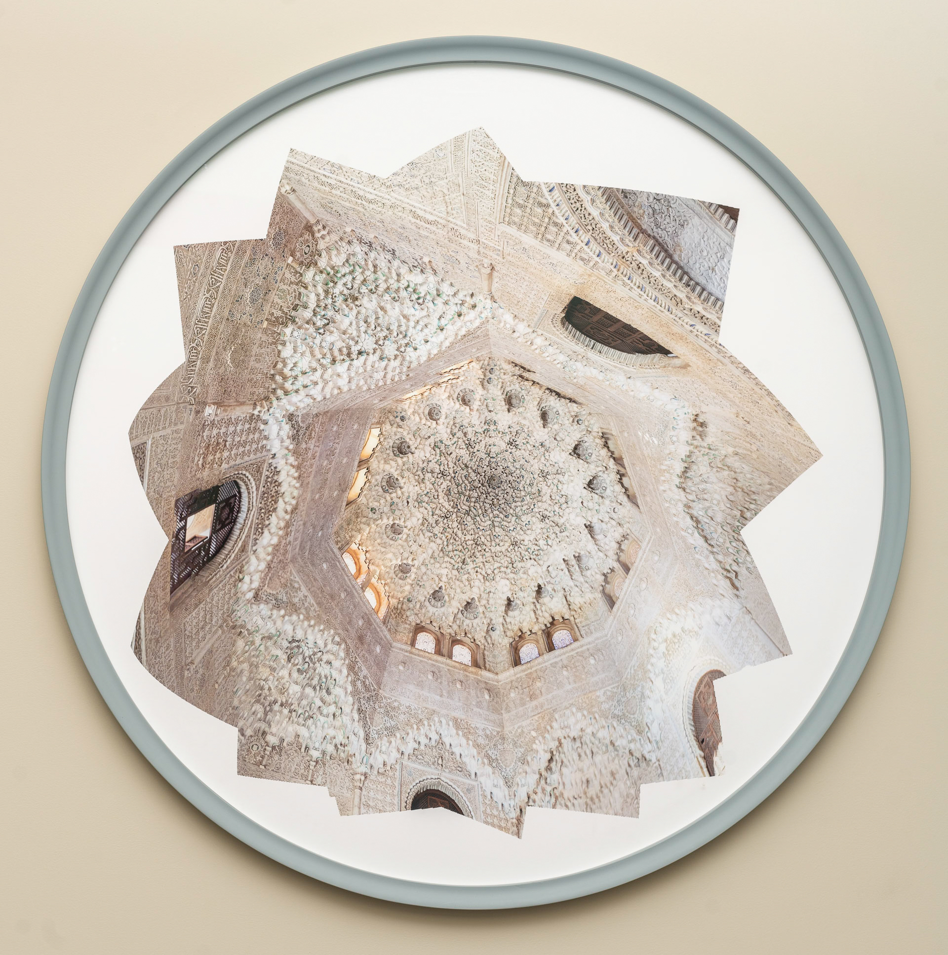 This print looks upwards towards the ceiling of a large architectural interior. The colors are muted browns and in the center is the underside of a geodesic dome.