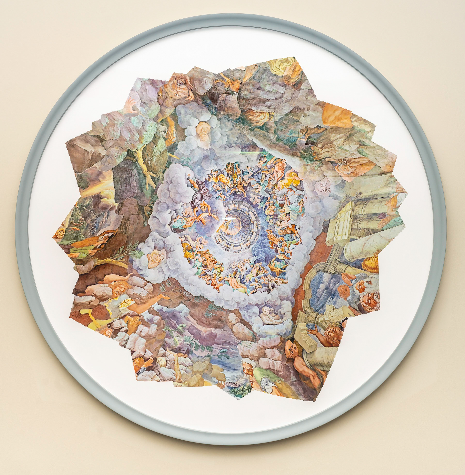 Moving from the outer edges to the center, this print looks upwards into clouds filled with light-skinned figures. The outside depicts nature and architectural forms with figures crushed under rocks.