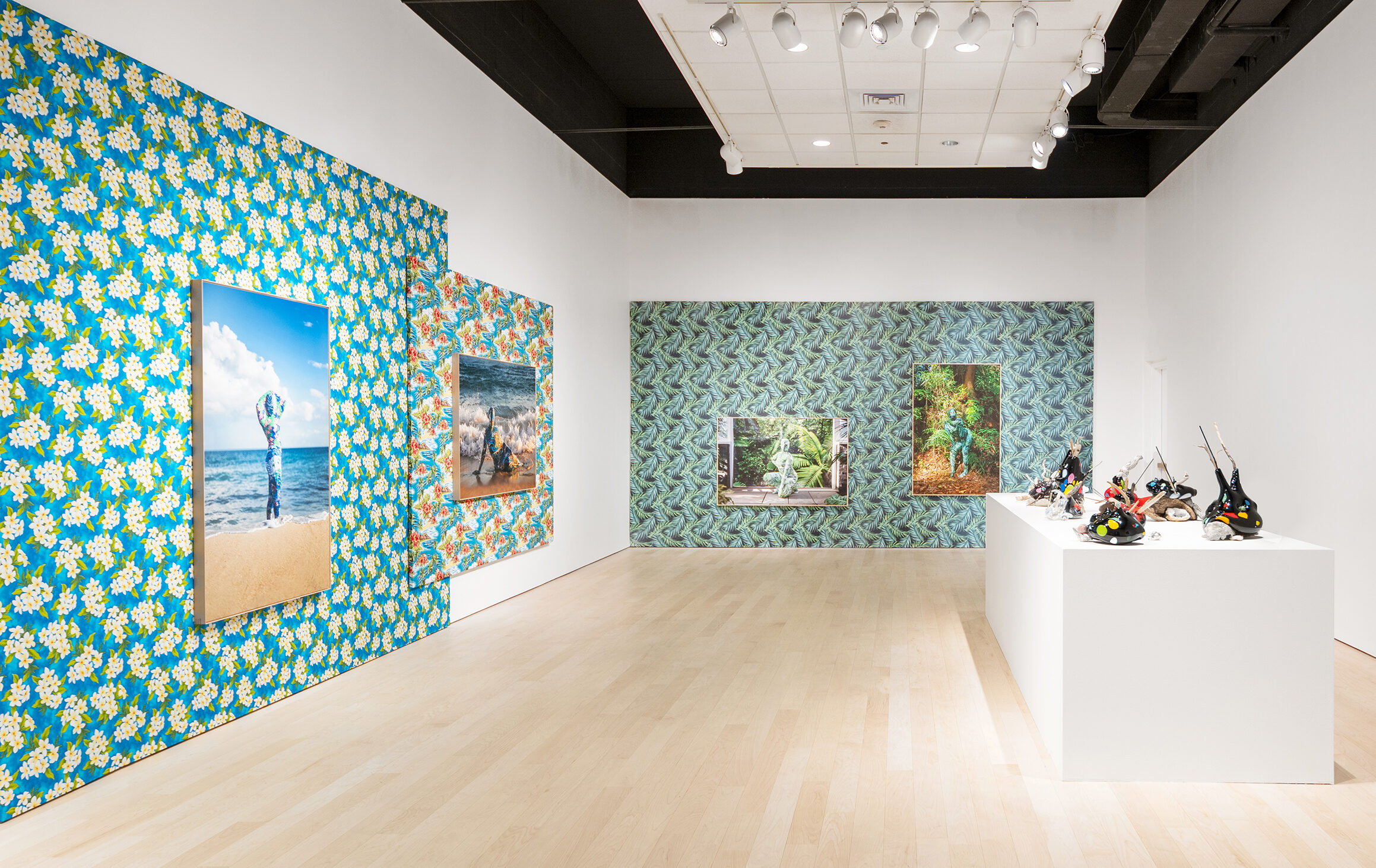 Installation view of two walls with large abstract patterns underneath large photographs of figures in nature. To the right is a white rectangular structure holding 3D objects.
