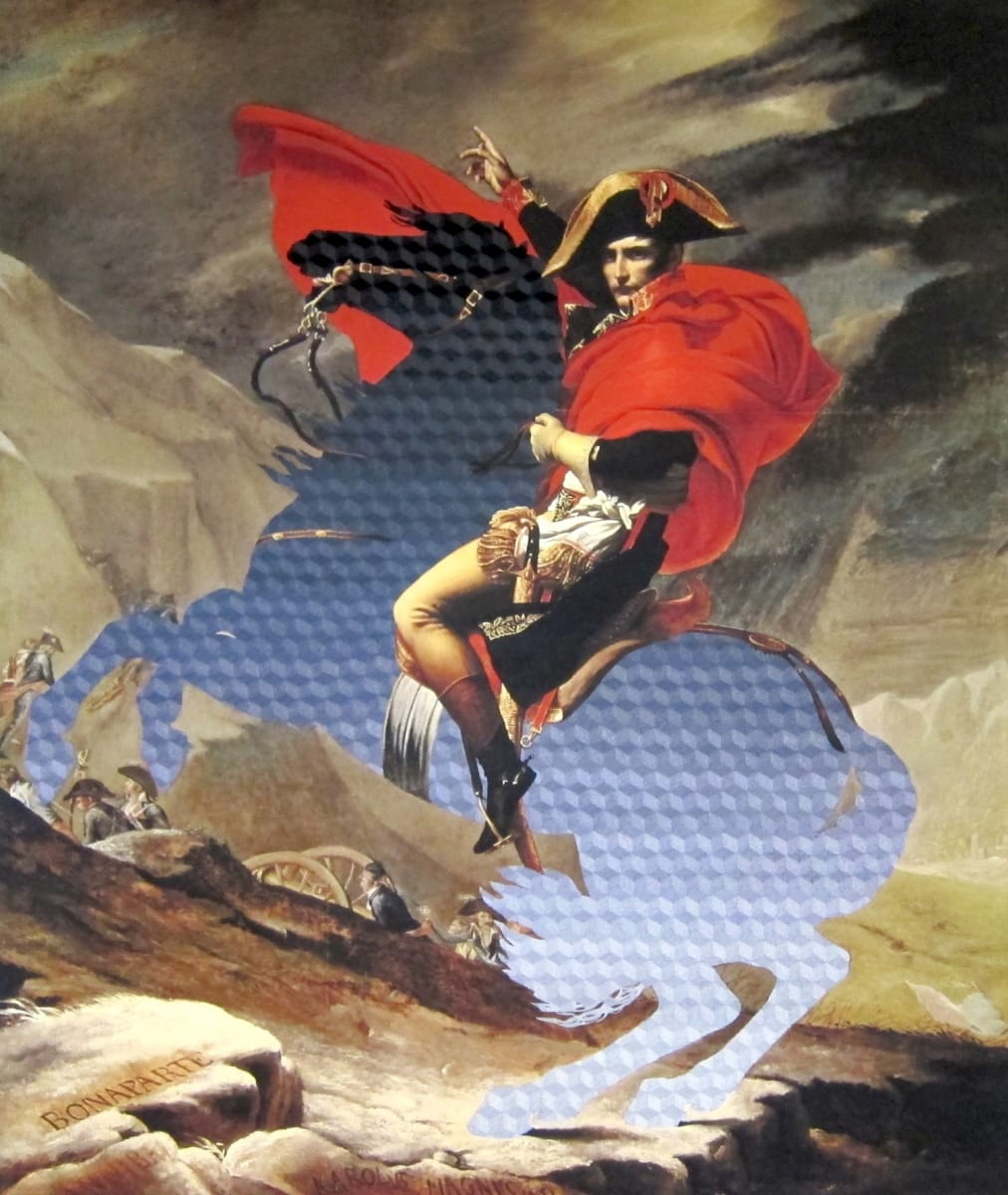 Painting of Napoleon Bonaparte, a young general wearing a flowing red cape, gold breeches, and bicorn hat, ascends a mountain on a horse. The horse appears to be partially transparent.