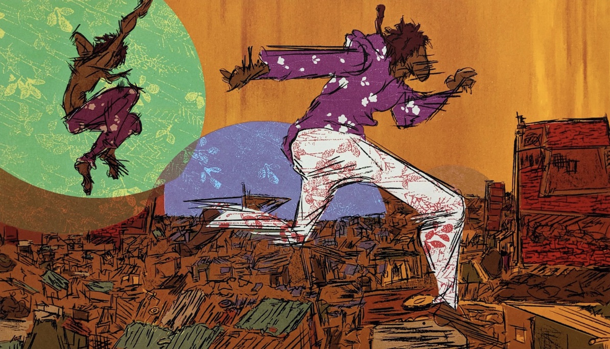 In the foreground, a medium dark-skinned figure in purple top and white floral pants runs toward the viewer’s right. Behind them, a shirtless, barefoot figure in purple pants is jumping.